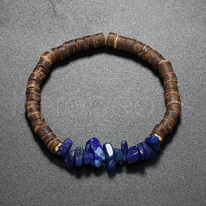 Natural Lapis Lazuli Chips & Coconut Disc Beaded Stretch Bracelets PW-WG68238-02-1