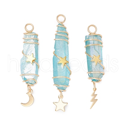 3Pcs 3 Styles Electroplated Natural Quartz Crystal Pointed Copper Wire Wrapped Pendants PALLOY-JF03766-04-1