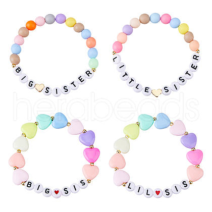 FIBLOOM 4Pcs 4 Styles Word Big Little Sis Acrylic Heart Beaded Stretch Bracelets Set BJEW-FI0001-54-1