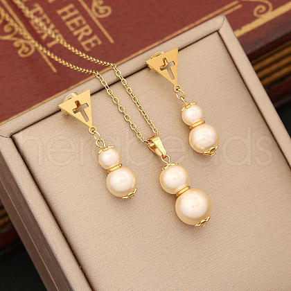 Triangle & Gourd Stainless Steel & Plastic Imitation Pearl Pendant Necklace & Stud Dangle Earring FS-WGB6B23-03-1