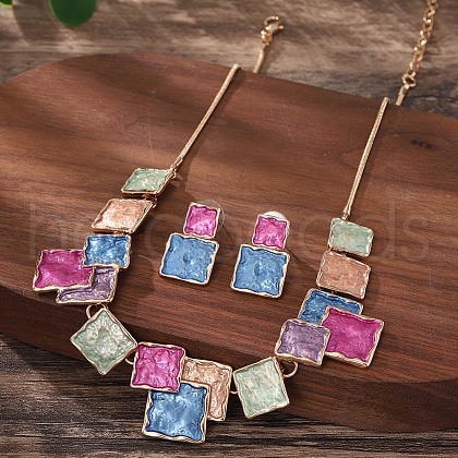 Square Zinc Alloy Enamel Pendant Necklaces & Stud Dangle Earrings Sets FS-WG2E030-04-1