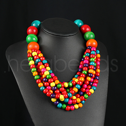 Bohemian Style Round Wood Beaded Multilayer Necklaces for Women WG93846-04-1