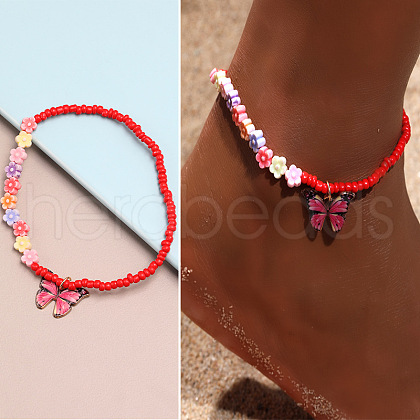 Alloy Butterfly Charm Glass Seed Beaded Stretch Anklets for Beach Party WG08358-02-1