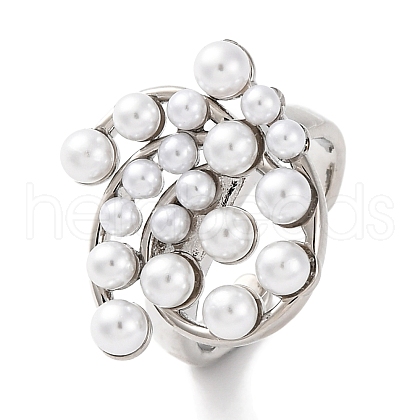 Rack Plating Flower Brass ABS Imitation Pearl Open Cuff Rings for Women RJEW-S242-08P-1