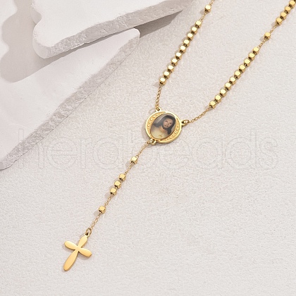 Stainless Steel Geometric Portrait Tassel Cross Punk Retro Lady Rosary Bead Necklaces HN1728-3-1