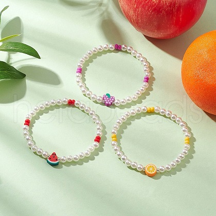 3Pcs Summer Fruit Theme ABS Plastic Imitation Round Pearl Beaded Stretch Bracelets for Women BJEW-JB11735-1