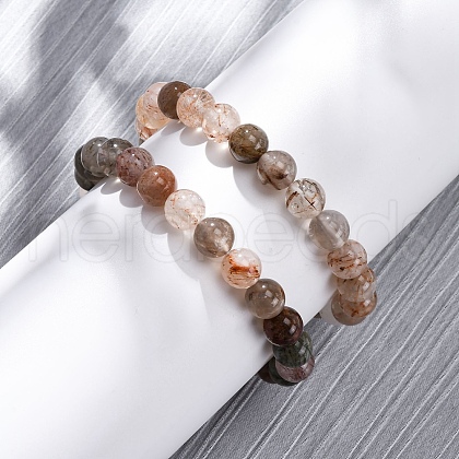Natural Rutilated Quartz Round Beaded Stretch Bracelets for Men Women BJEW-G743-01E-1