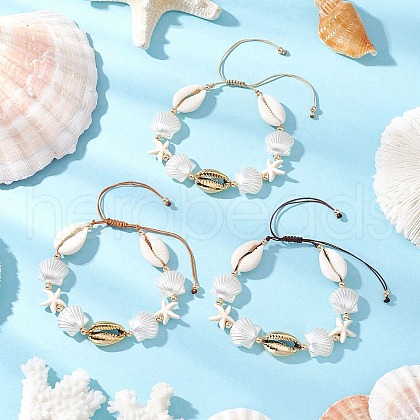 3Pcs Natural Mixed Cowrie Shell Bead Braided Bead Bracelets BJEW-JB11862-1