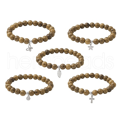 Natural Wood Round Beaded Stretch Bracelet with 304 Stainless Steel Charms BJEW-JB10164-1
