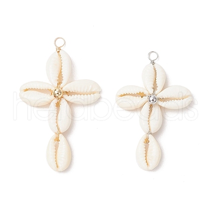 2Pcs 2 Colors Natural Cowrie Shell Beaded Cross Pendants PALLOY-JF03938-1