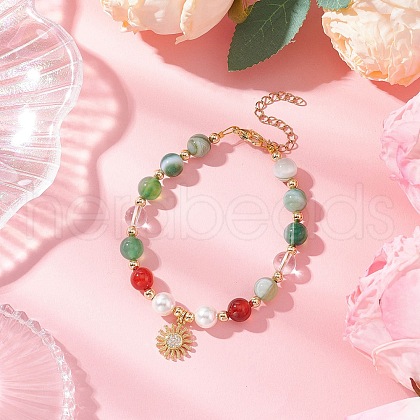 Natural Striped Agate & Quartz Crystal & Shell Pearl Round Beads Stretch Bracelets BJEW-JB11916-03-1