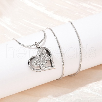 304 Stainless Steel Micro Pave Clear Cubic Zirconia Butterfly Heart Pendant Pet Urn Ashes Necklaces NJEW-S455-10P-1