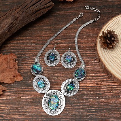 Oval Alloy & Paua Shell Pendant Necklace & Dangle Earring Sets FS-WG1A0FD-01-1