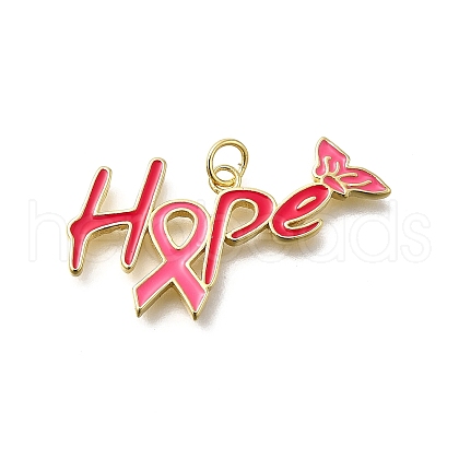 October Breast Cancer Pink Awareness Ribbon Brass Enamel Pendants KK-S517-04G-G-1