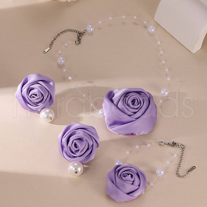 Rose Cloth & Plastic Pearl Beads Pendant Necklace & Stud  Earring & Charm Bracelets Sets FS-WG06DE4-04-1