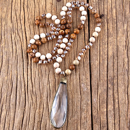 Bohemian Style Teardrop Glass Pendant Natural Picture Jasper & White Jade Round Beaded Long Necklaces for Women FS-WG767EC-04-1