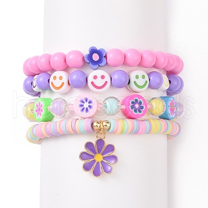 4Pcs 4 Style Handmade Polymer Clay Heishi Beaded Surfer Stretch Bracelets Set with Acrylic Smiling Face Bead BJEW-JB09097-1