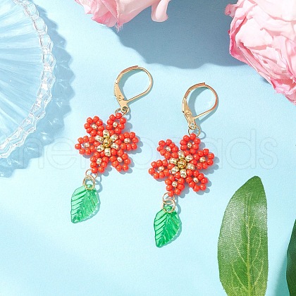 304 Stainless Steel Flower with Leaf Leverback Earrings EJEW-MZ00456-03-1