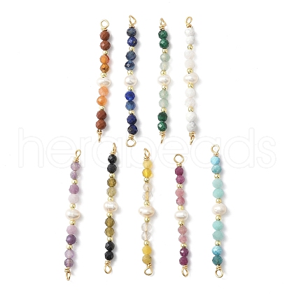 Faceted Round Natural Mixed Gemstone & Potato Natural Cultured Freshwater Pearl Beaded Connector Charms PALLOY-JF03531-1