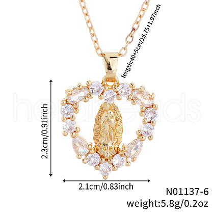 Vintage Brass Cubic Zirconia Religious Virgin Mary Heart Hollow Pendant Necklaces AB7554-2-1