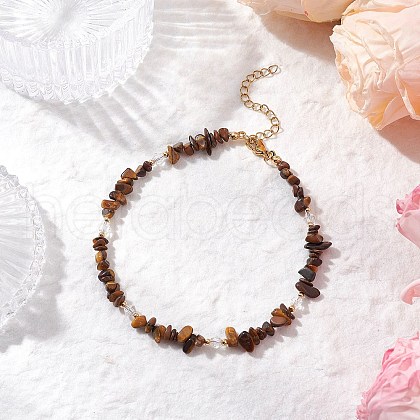 Natural Tiger Eye Chip & Glass Beaded Anklets AJEW-AN00682-06-1