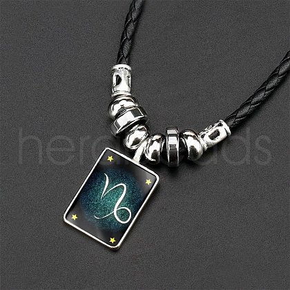 Luminous Rectangle with Constellation Alloy Glass Pendant Black Braided Imitation Leather Cord Necklaces WG00EE9-06-1