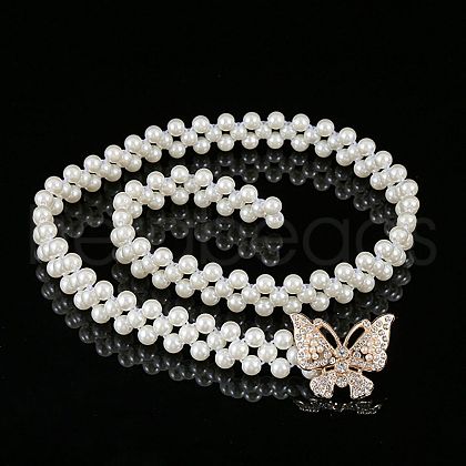 White Acrylic Imitiaotn Pearl Beaded Elastic Chain Belts with Alloy Buckles WGEAB88-09-1