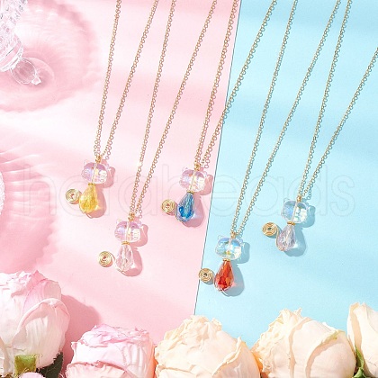 Glass Cat Shaped Pendant Brass Cable Chain Necklaces for Women NJEW-JN05274-1
