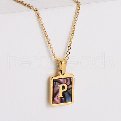 304 Stainless Steel Pave Natural Paua Shell Rectangle Initial Pendant Necklaces for Women FS-WG38E89-16-1