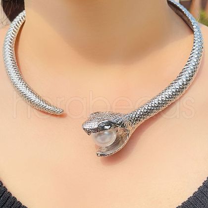 Snake Brass & Plastic Imitation Pearl Ball Choker Necklaces for Women FS-WGAAE8E-02-1