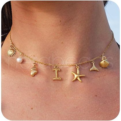 Summer Brass Initial Letter Starfish Shell Shaped Pendant Bib Necklaces for Women FS-WGBCAD2-19-1