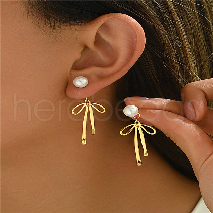 Bowknot Brass Plastic Imitation Pearl Dangle Stud Earrings FS-WGC797A-02-1