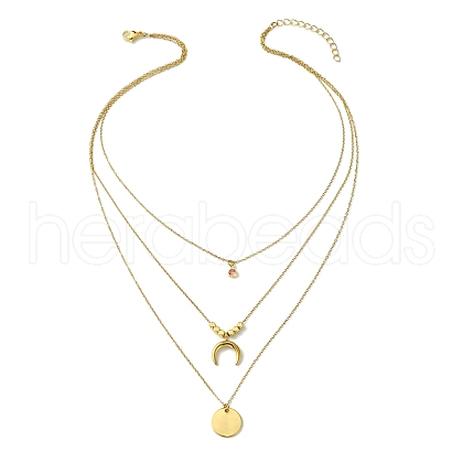 304 Stainless Steel Moon Pendant Triple Layered Necklace with Glass for Women NJEW-JN03871-1
