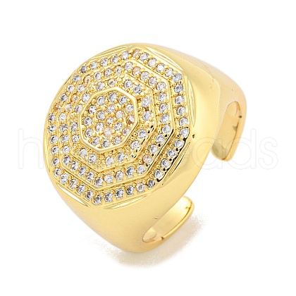 Rack Plating Octagon Brass Micro Pave Clear Cubic Zirconia Cuff Finger Rings RJEW-C103-04G-1