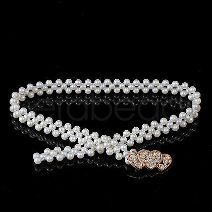 White Acrylic Imitiaotn Pearl Beaded Elastic Chain Belts with Alloy Buckles WGEAB88-05-1