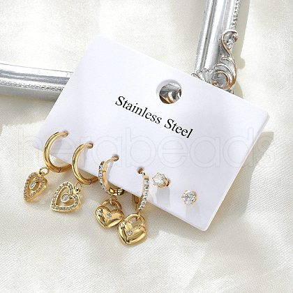 304 Stainless Steel Rhinestone Heart Earring Sets EJEW-Z098-26G-1