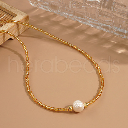 Mother's Day Jewellery Potato Naural Pearl & Brass & Glass Seed Beaded Necklaces BD0566-3-1