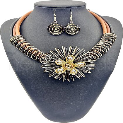 Flat Round with Flower Pattern Alloy with Aluminum Wire Wrapped Resin Pendant Necklaces & Dangle Earrings Sets FS-WGBBA49-05-1