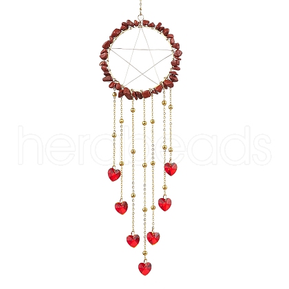 Wire Wrapped Natural Red Jasper Chips Ring Hanging Ornaments HJEW-JM02371-01-1