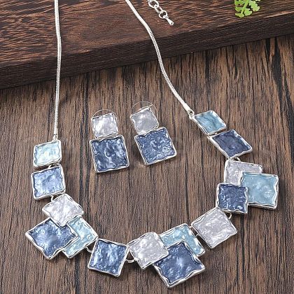Square Zinc Alloy Enamel Pendant Necklace & Stud Dangle Earring FS-WG2E030-08-1