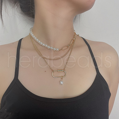 3Pcs Plastic Pearl Round Beaded & Alloy Oval Link Chain Pendant 3 Layer Necklaces for Women FS-WG4C125-01-1