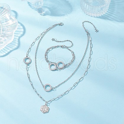 Tarnish Resistant 304 Stainless Steel Ring Link Chain Double Layer Necklaces & Bracelets Sets SJEW-JS01324-1