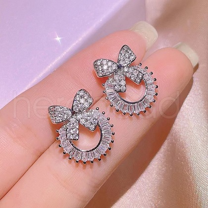 Bowknot & Ring Alloy Clear Cubic Zirconia Stud Earrings FS-WG09EB0-03-1