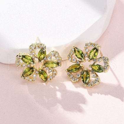 Flower Brass Micro Pave Cubic Zirconia Stud Earrings EJEW-F373-03G-1
