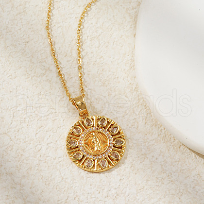 Vintage Brass Pave Cubic Zirconia Hollow Round Religion Virgin Mary Pendant Necklaces for Women EZ3168-1-1