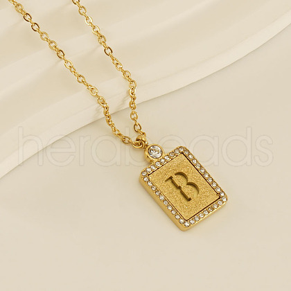 304 Stainless Steel Micro Pave Clear Cubic Zirconia Rectangle with Hollow Letter Pendant Necklaces FS-WGAE794-05-1