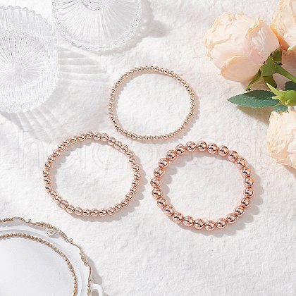 3Pcs Electroplate Non-magnetic Synthetic Hematite Round Beads Stretch Bracelets for Women BJEW-JB11944-1