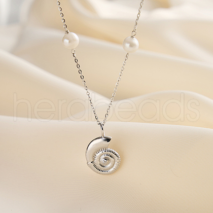 Conch Shaped 925 Sterling Silver & Natural Freshwater Pearl Pendant Necklaces for Women NJEW-M097-02P-1