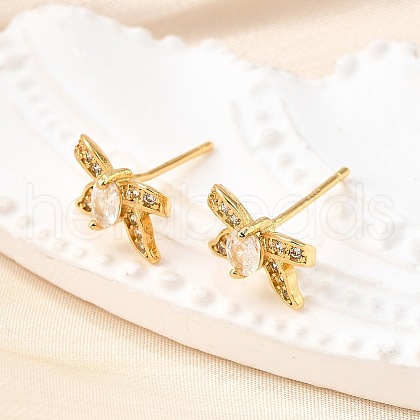 Bowknot Brass Micro Pave Clear Cubic Zirconia Stud Earrings EJEW-G433-05G-1