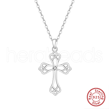 Rhodium Plated 925 Sterling Silver Pave Clear Cubic Zirconia Knot Cross Pendant Necklaces for Women NJEW-F323-02P-1
